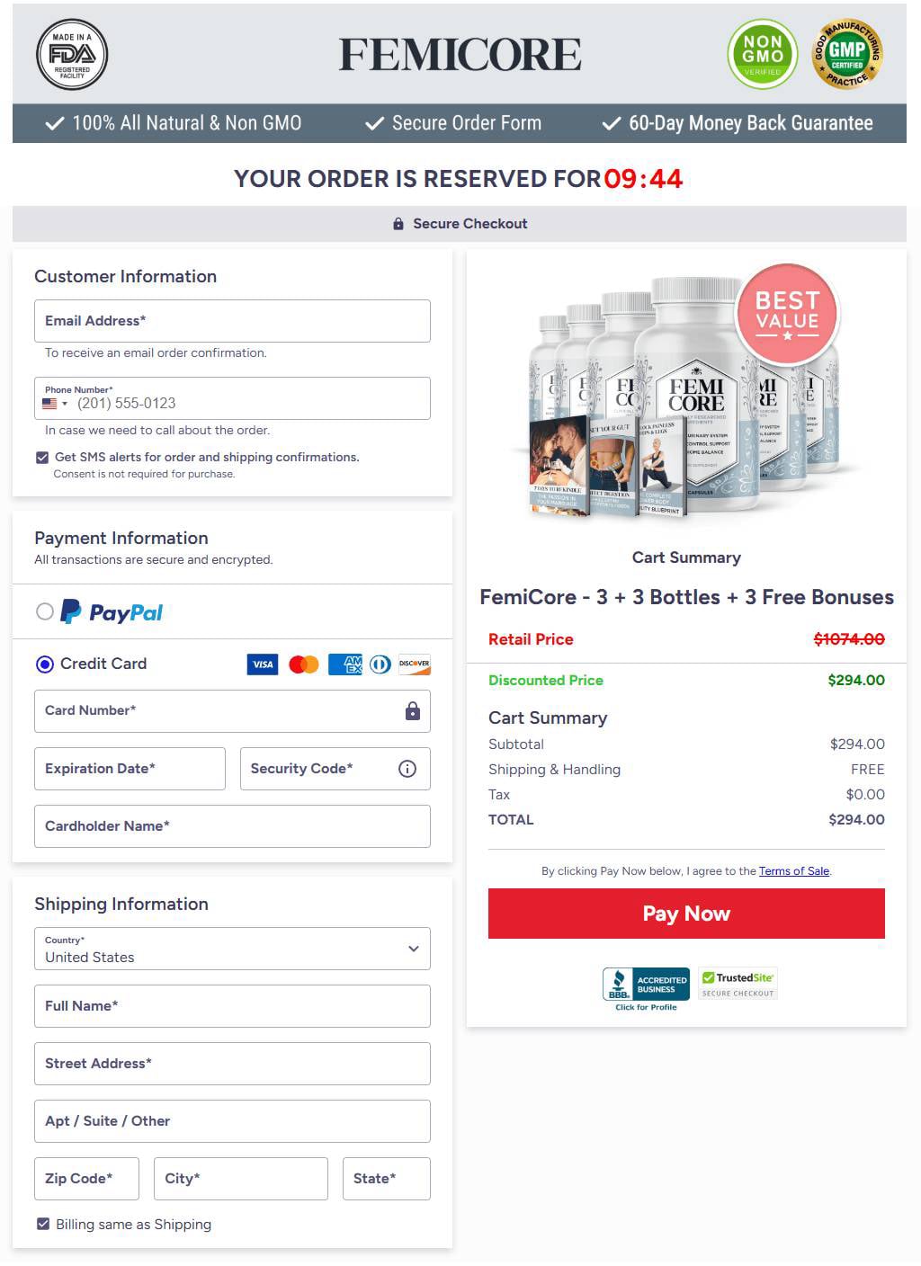 Femicore-Secure-order-Checkout-page